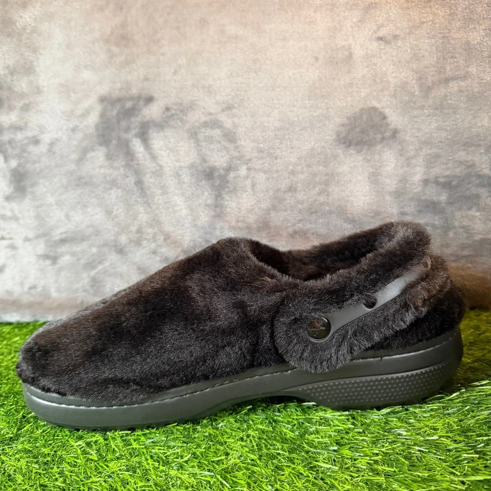 Crocs Classic Unforgettable Clog Black Faux Fur‎ Fuzzy Mens 11 211116-001 NWT